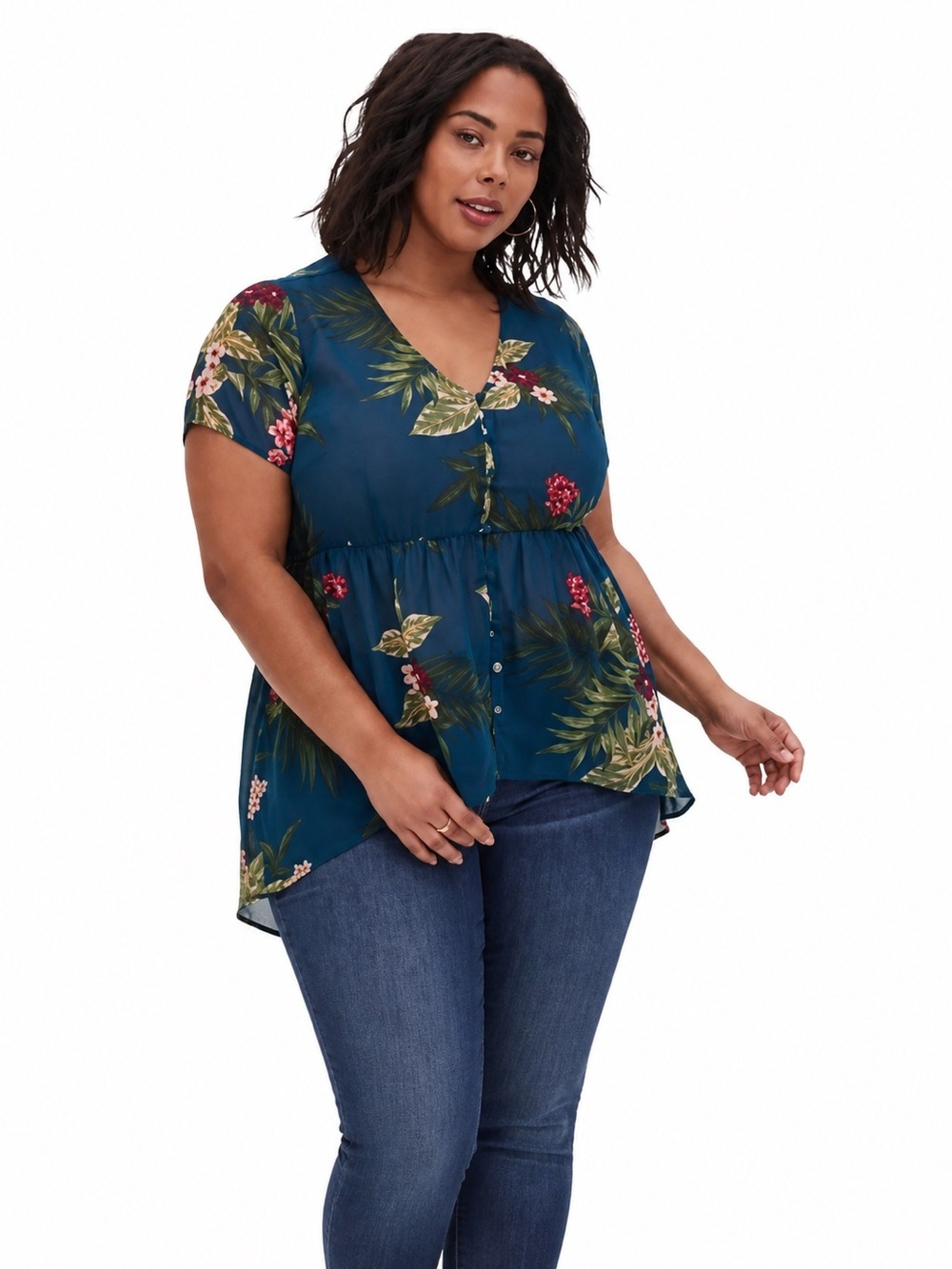 torrid Teal Tropical Floral Button-Front Peplum Top